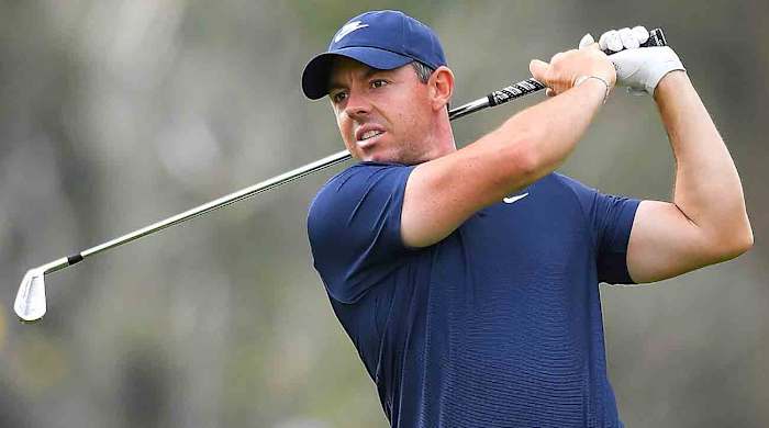 Rory McIlroy watches his shot on the 10th hole during the final round of the 2024 Genesis Invitational at Riviera Country Club in Pacific Palisades, Calif.